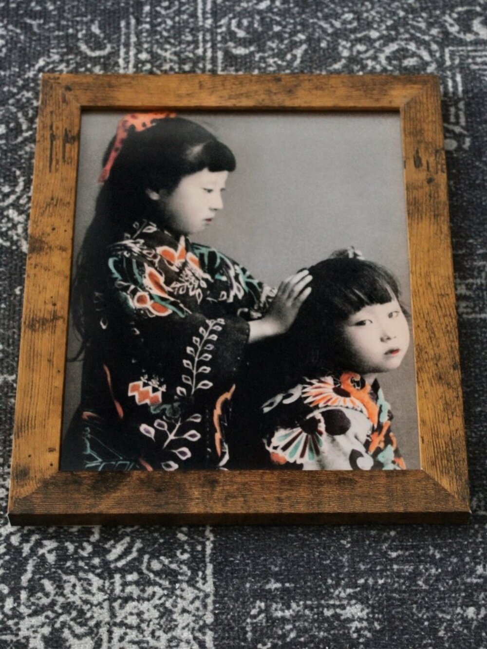 Vintage Japanese Children in Kimono Hand Colored 8x10 Antique Photo Print Framed